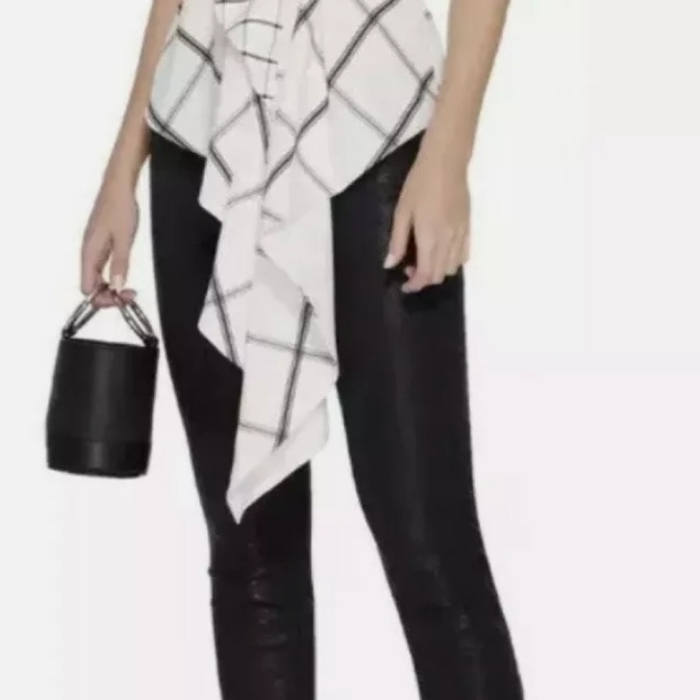 Self-Portrait White/Black Asymmetric One Shoulder Frill Check Plaid Top UK12/US8